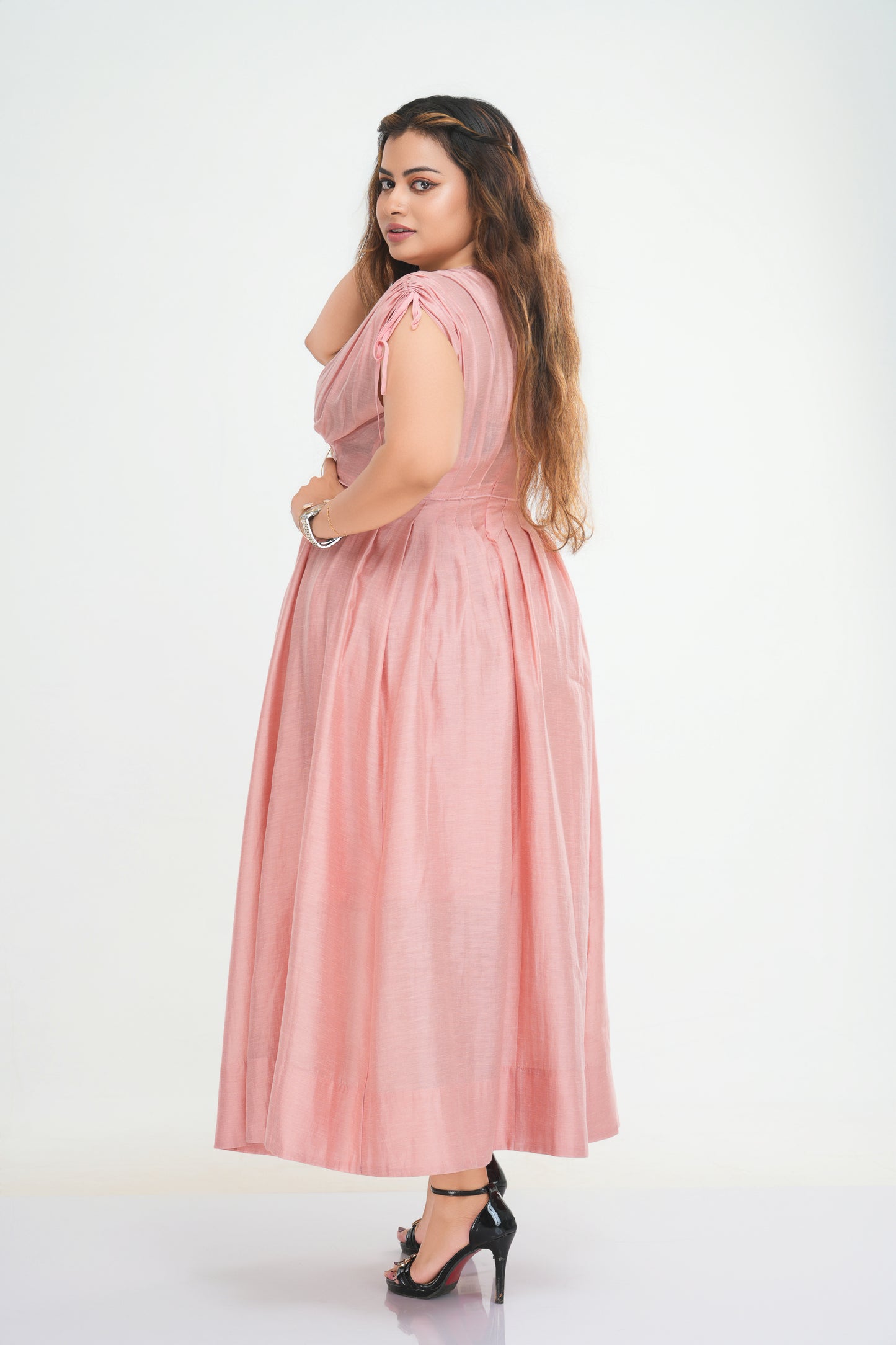 Deep V-neck drawstring waist-length dress