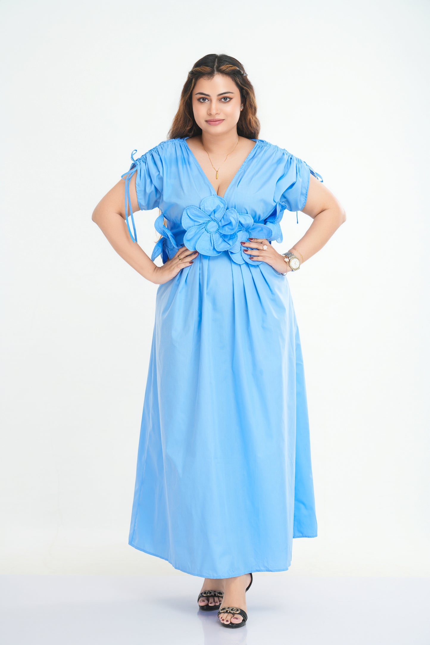 V-Neck Waist Tie Cubic Floral Bow Vacation Dress