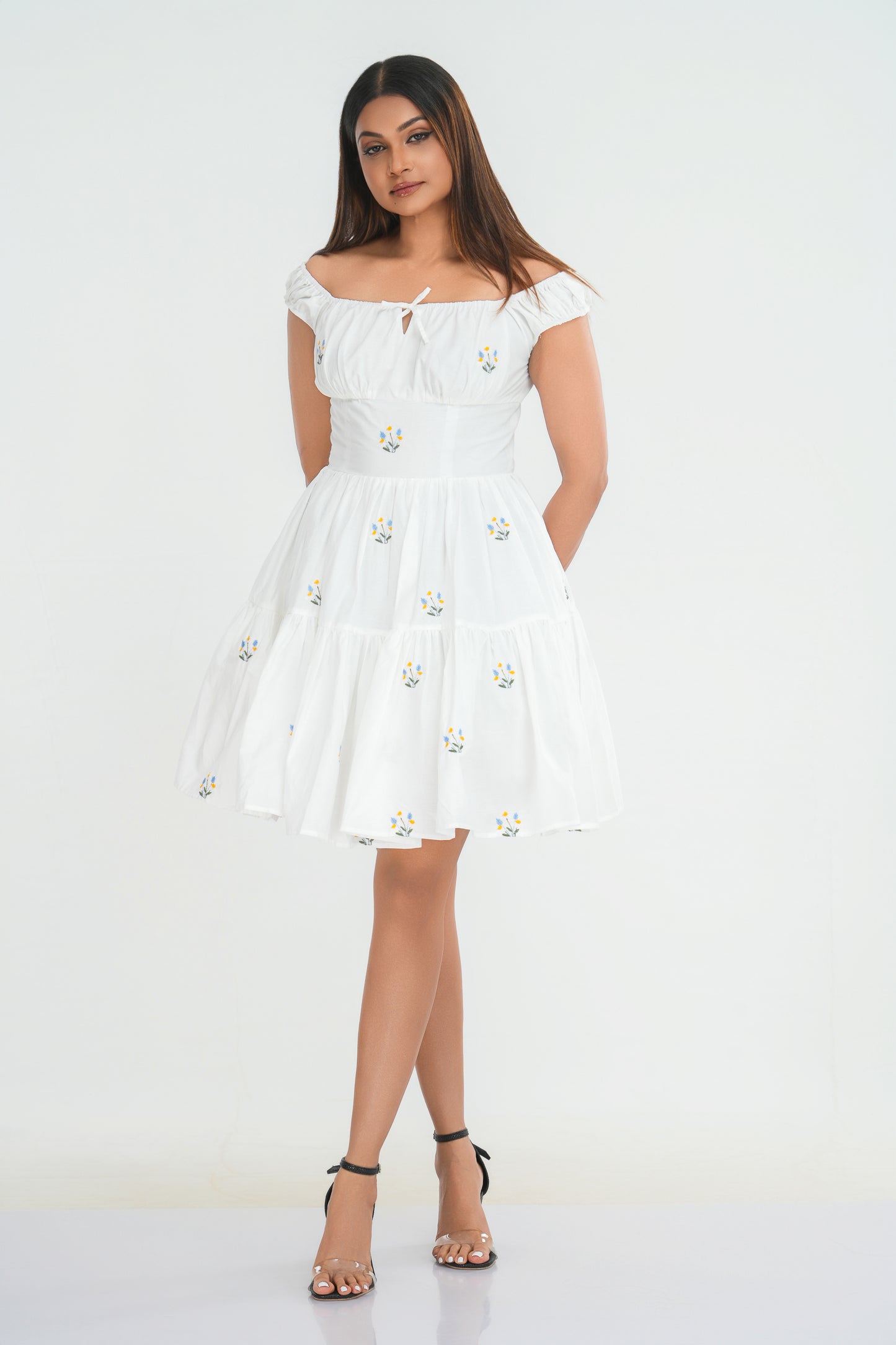 Embroidered Floral Halter Dress Waisted Puffy Dresses